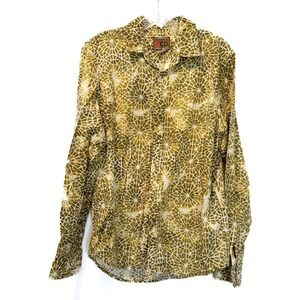 "Vintage Red" Men's Goldish Green Geometric Print Cotton Button Up Shirt Size M